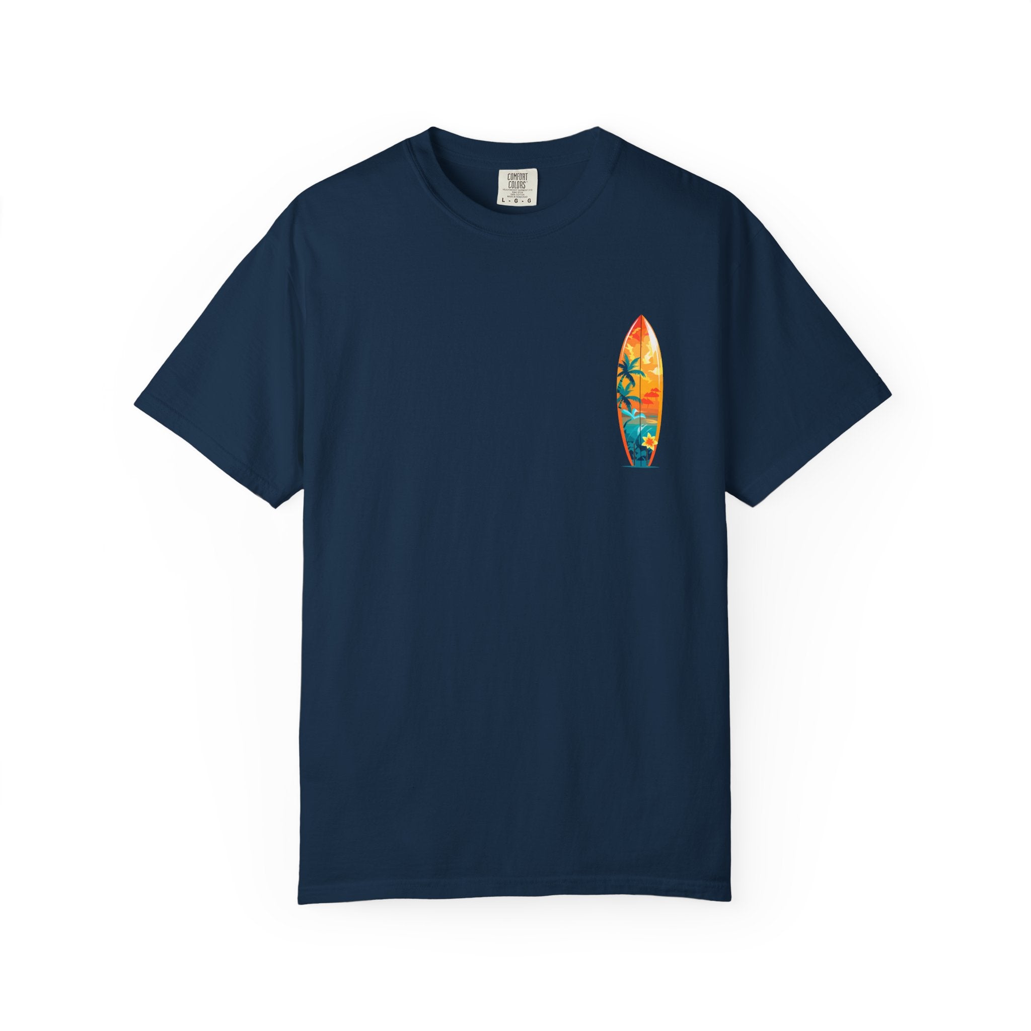 Surfing Tropical Board T-Shirt Beach Vibes Tee with Colorful Surfboard Design