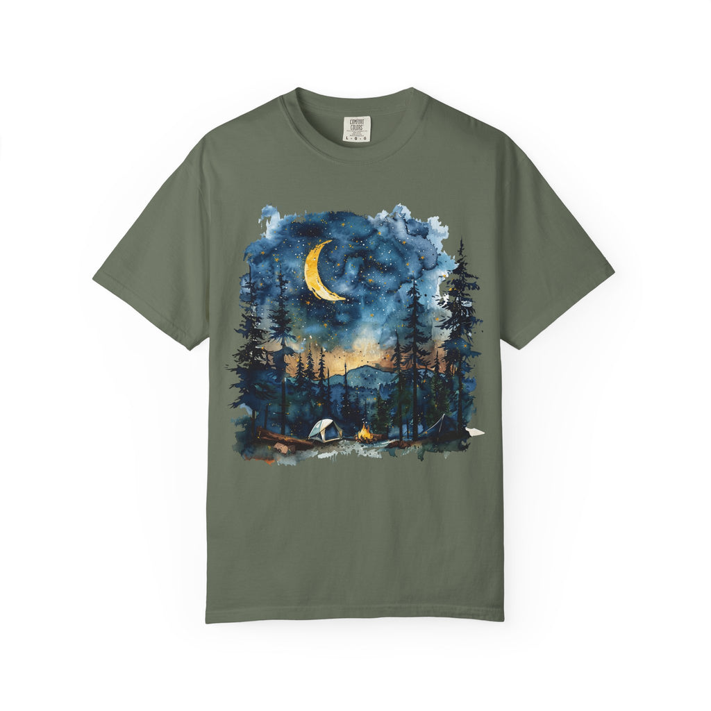 Moonlit Campsite T-shirt | Forest Night Sky, Crescent Moon