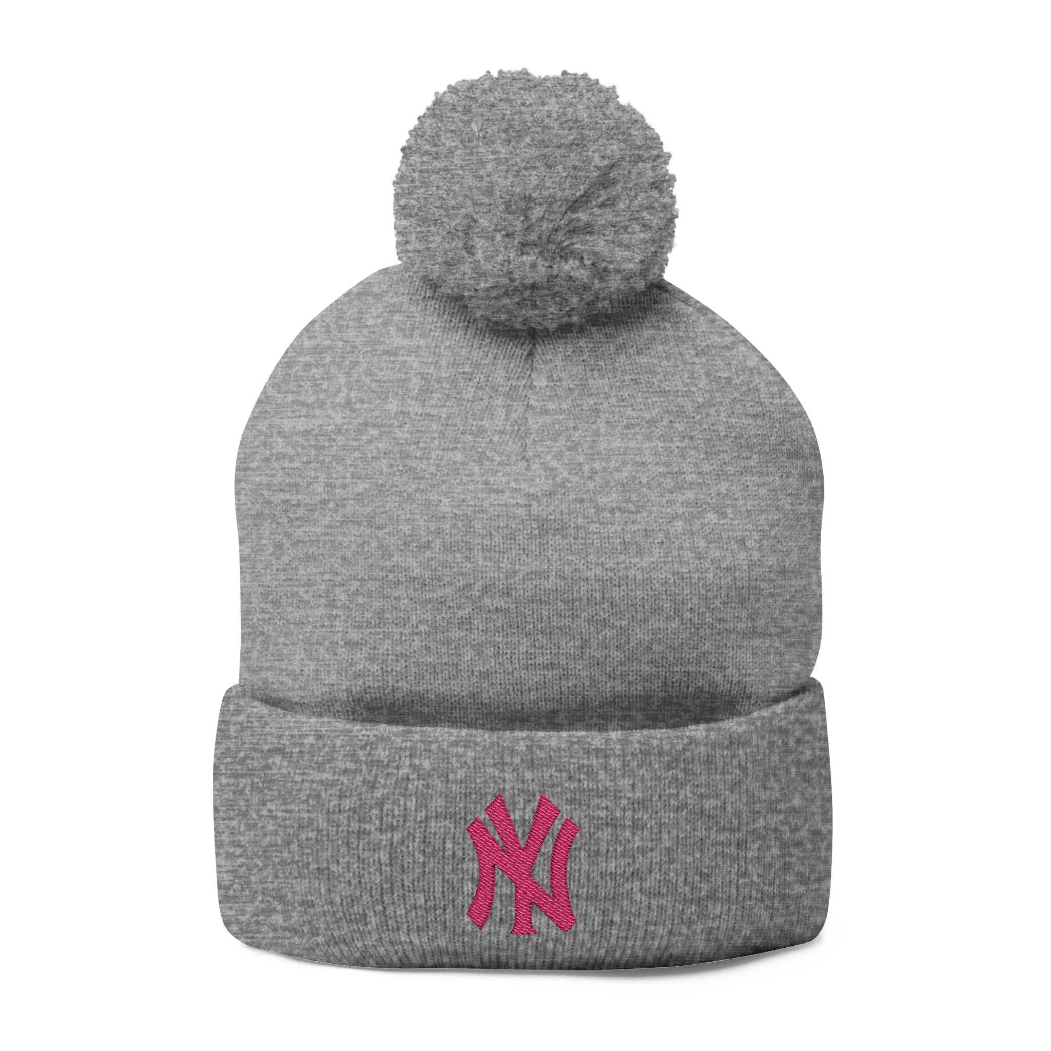 Embroidered Pom-Pom Knit Beanie — Grey Winter Hat with Pink NY Logo
