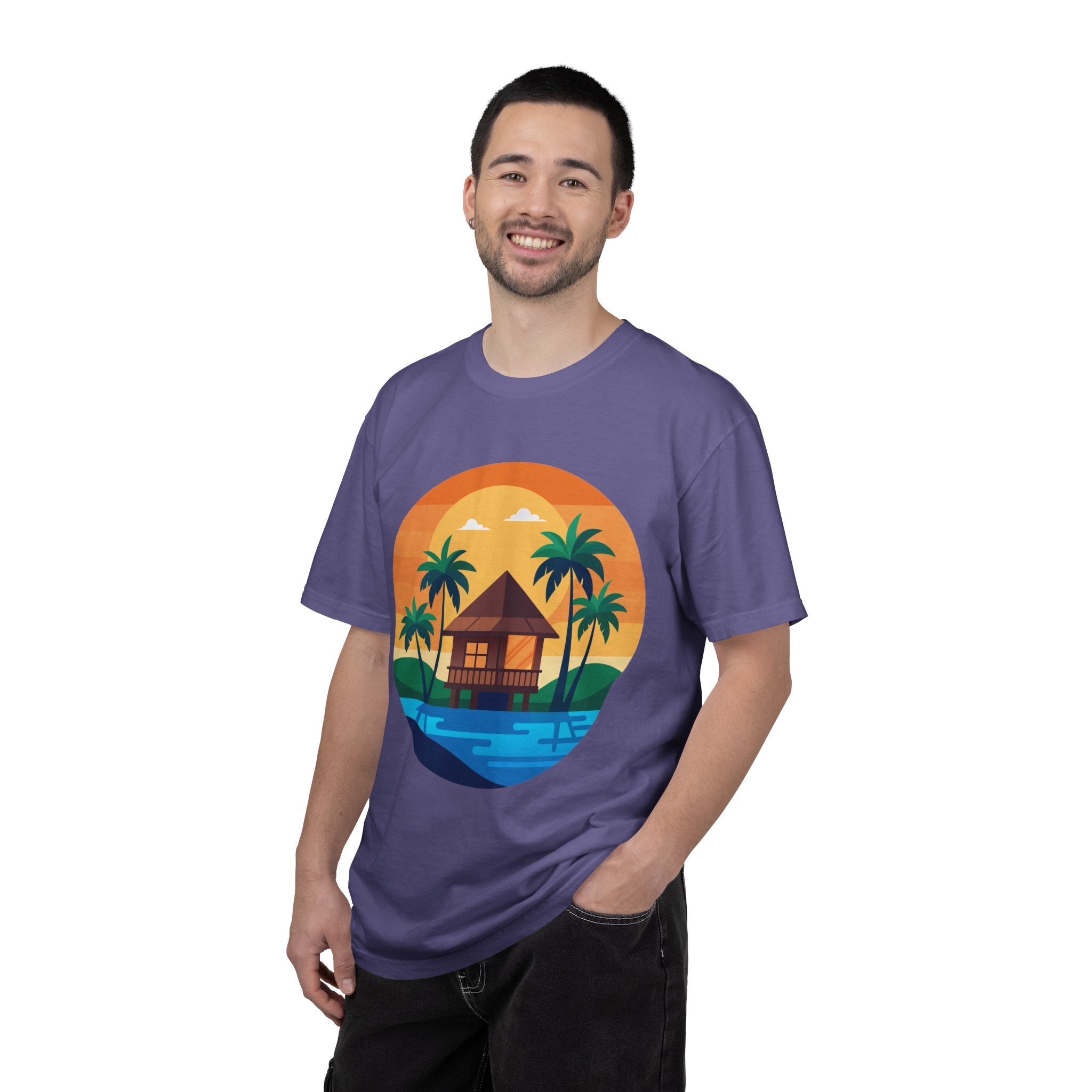 Tropical Beach Hut T-shirt | Sunset Palm Island Circle Design