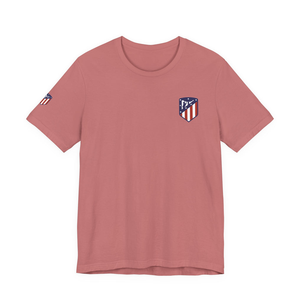Atletico Madrid Shield T-Shirt Front Chest & Sleeve Logo Soccer Tee