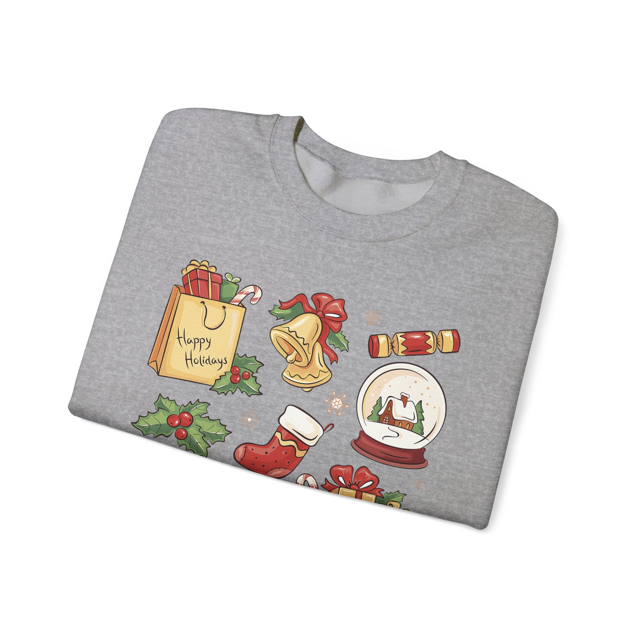 Christmas Icons collage Sweatshirt | holiday presents bell stocking snow globe