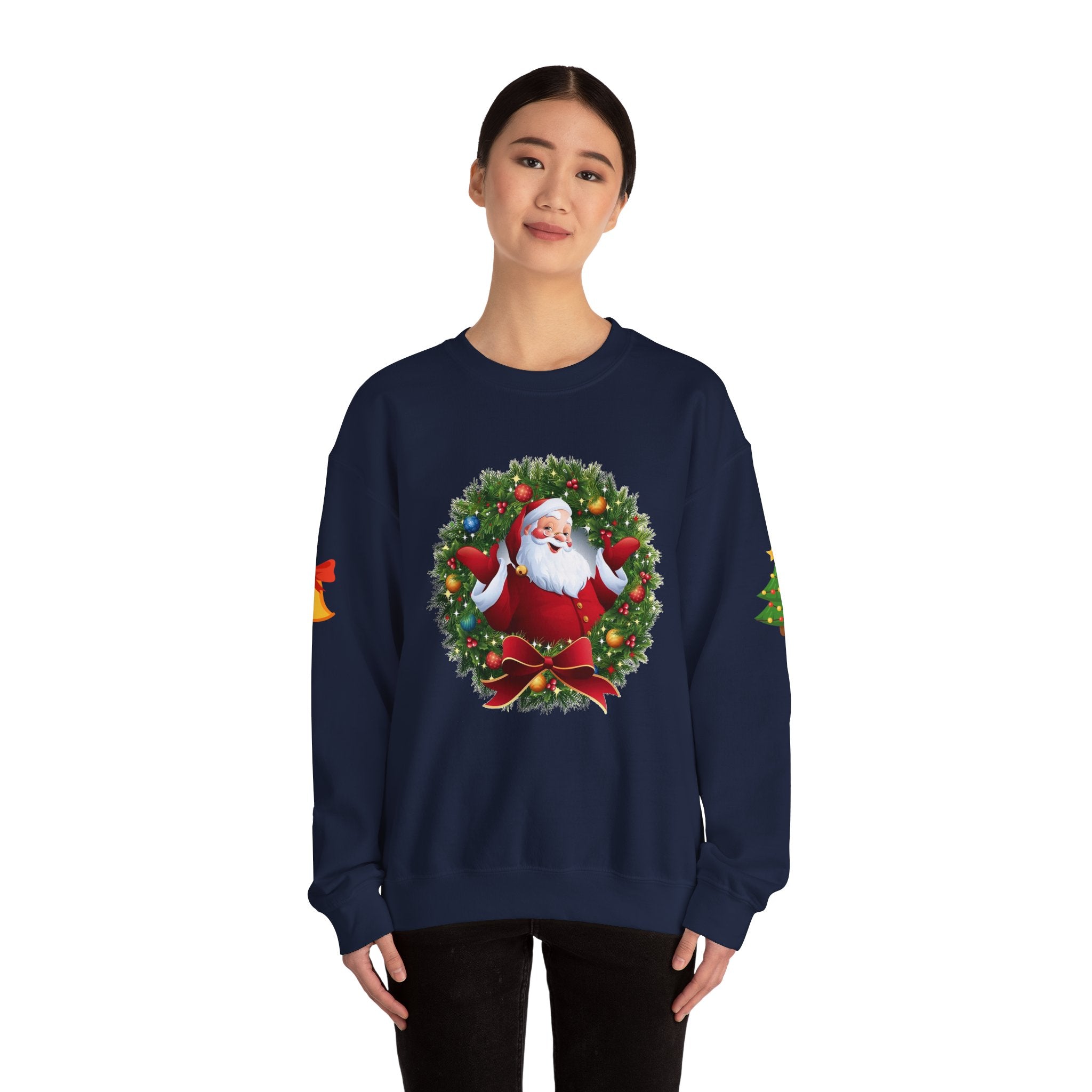 Santa in Wreath Crewneck Sweatshirt Christmas Tree Sleeve Accents
