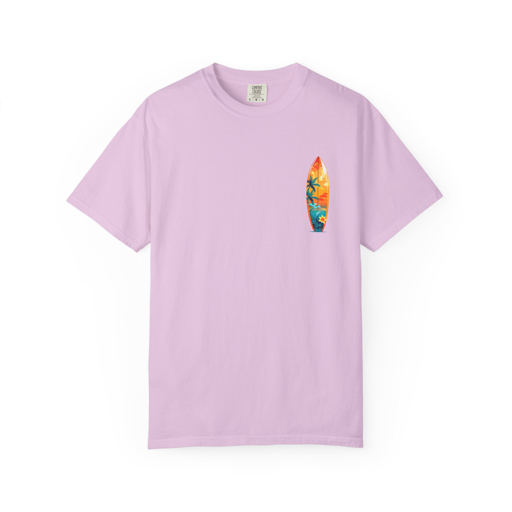 Surfing Tropical Board T-Shirt Beach Vibes Tee with Colorful Surfboard Design