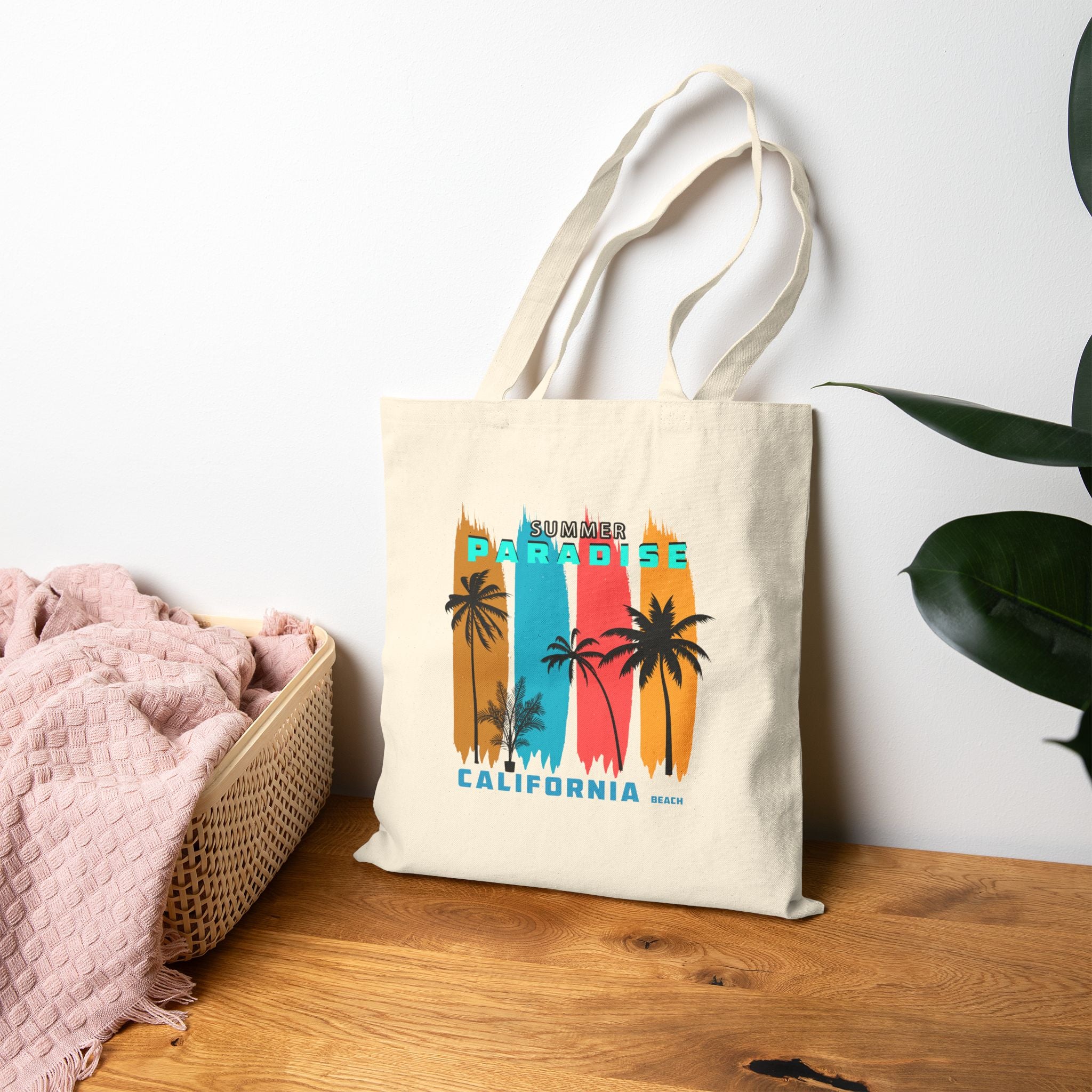 California Paradise Tote Bag  Beach Surf Canvas Tote (Palm Trees, Surfboard)
