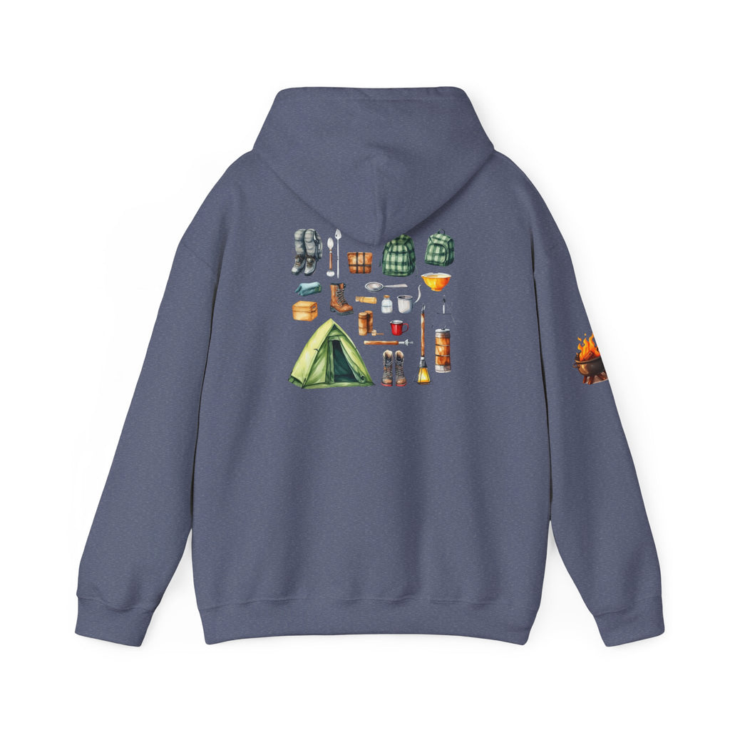 Camping Gear Hoodie  Tent, Boots, Lantern, Campfire Illustration
