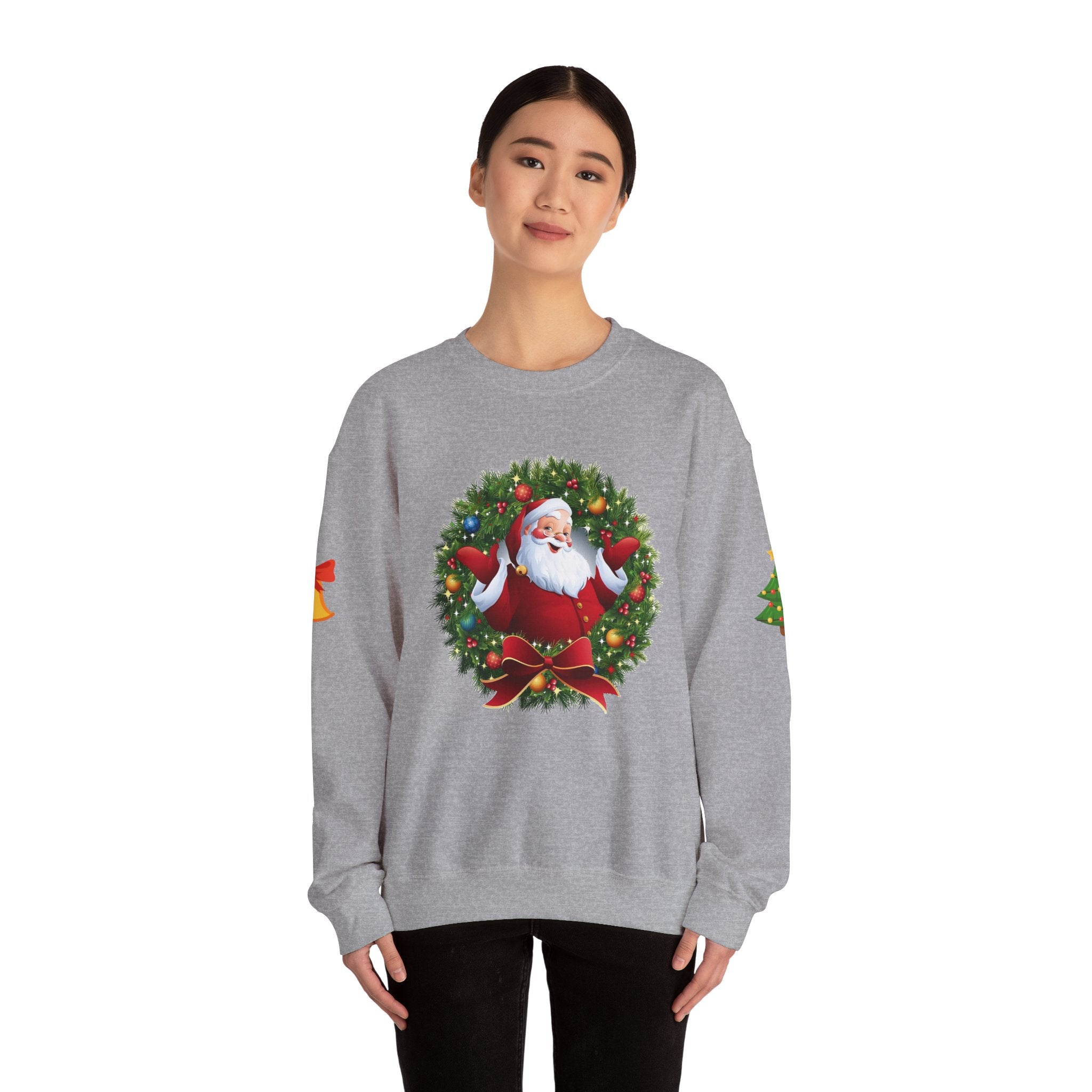 Santa in Wreath Crewneck Sweatshirt Christmas Tree Sleeve Accents