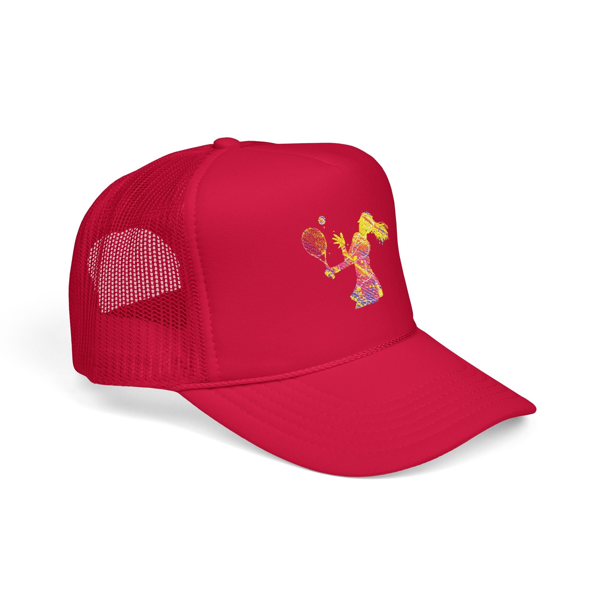 Embroidered Colorful Tennis Player Foam Trucker Hat Sporty Retro Mesh Cap