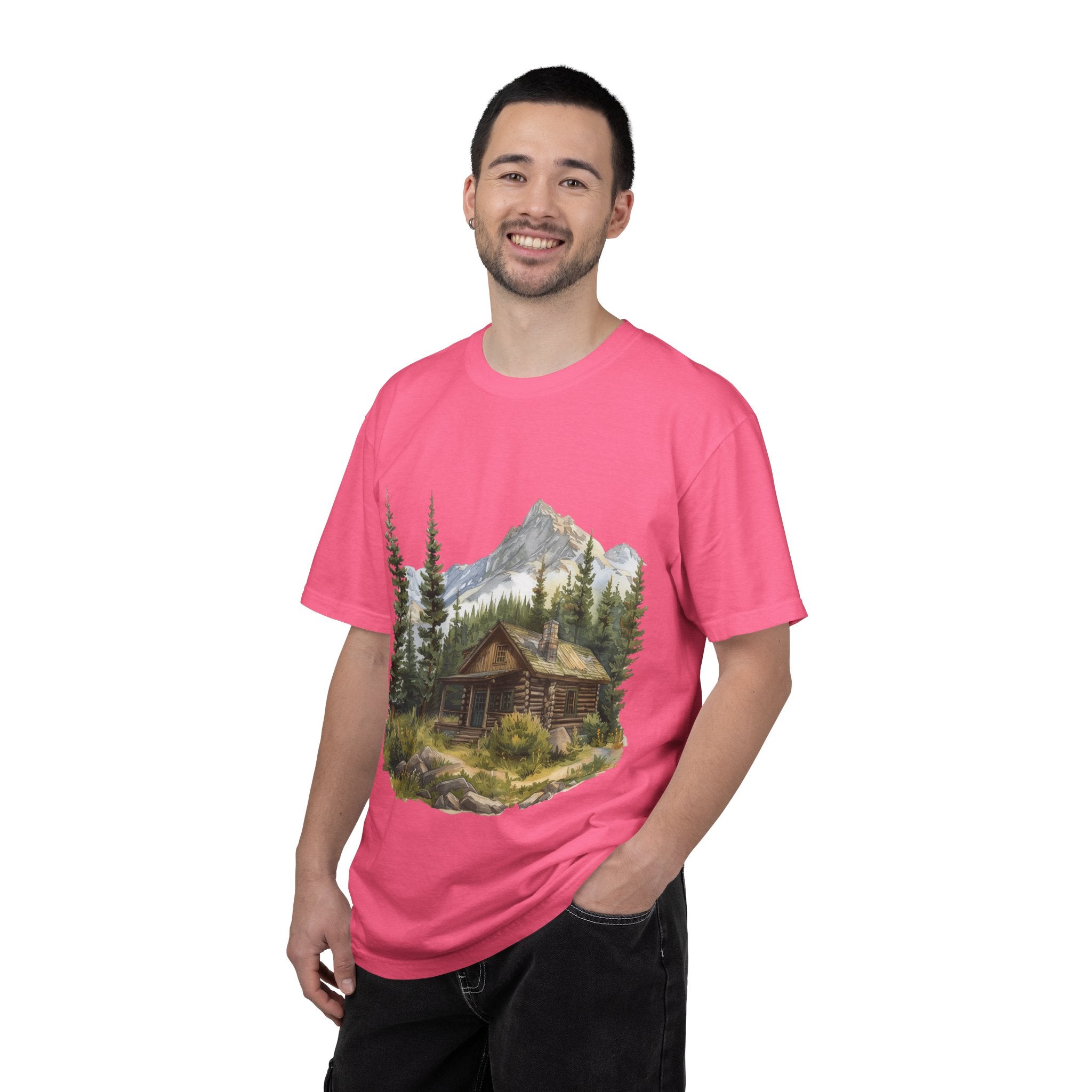 Mountain Log Cabin Illustration T-Shirt | Rustic Nature Scene
