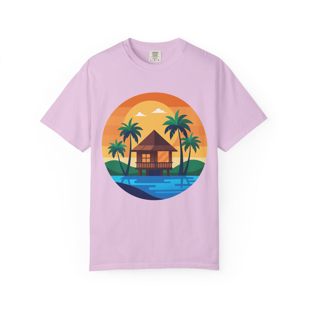 Tropical Beach Hut T-shirt | Sunset Palm Island Circle Design