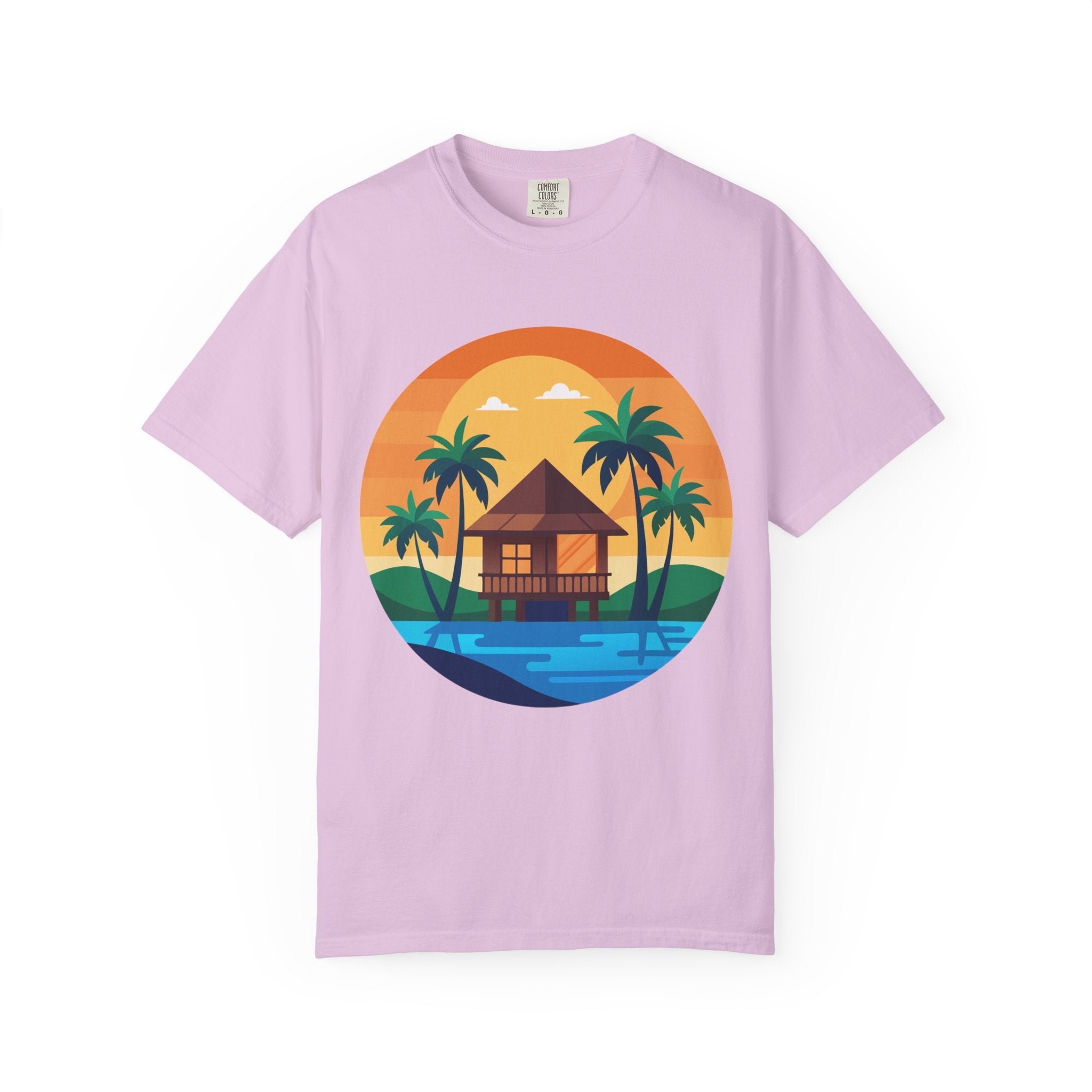 Tropical Beach Hut T-shirt | Sunset Palm Island Circle Design