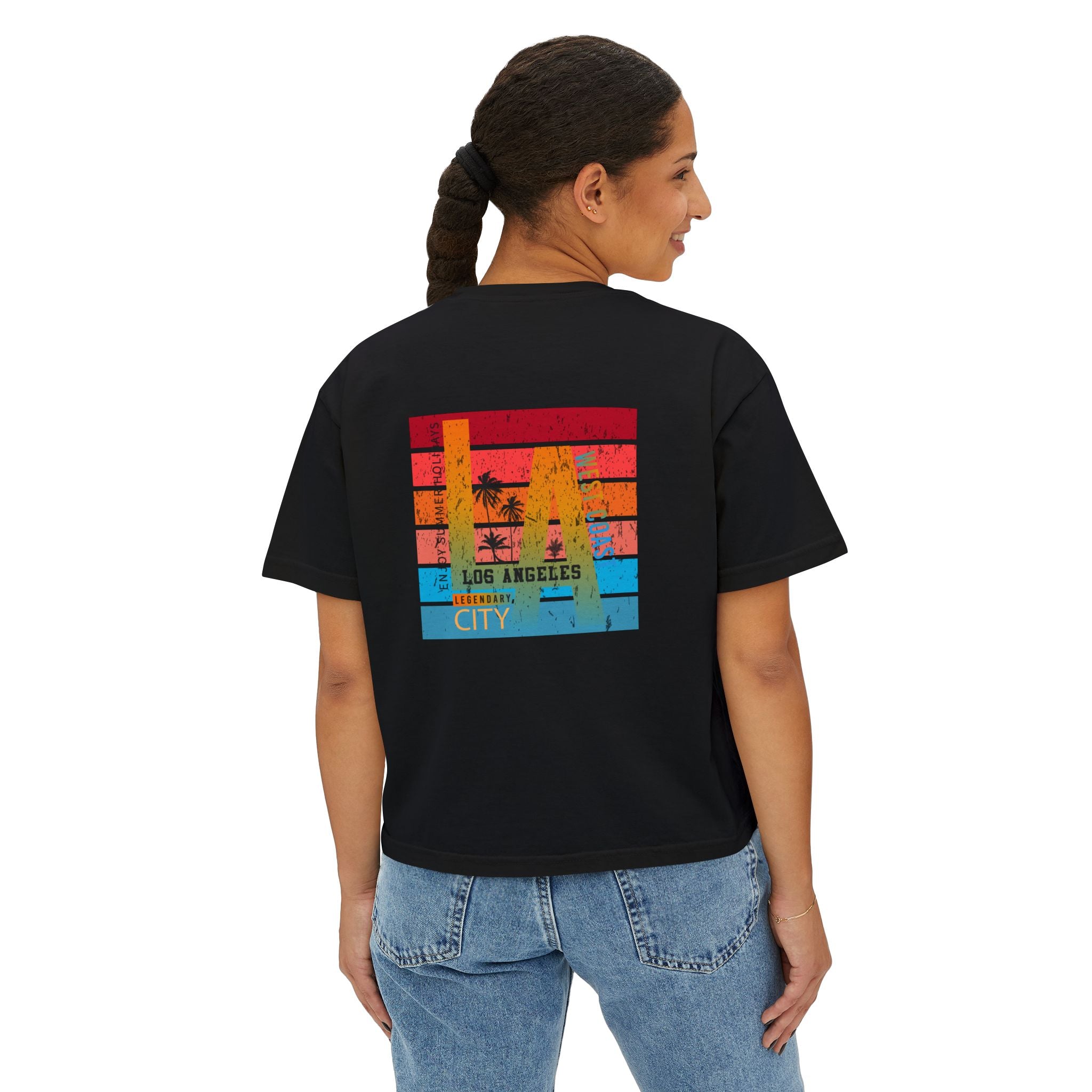 Los Angeles Sunset Women's Boxy Tee  Retro Palm Tree City Graphic