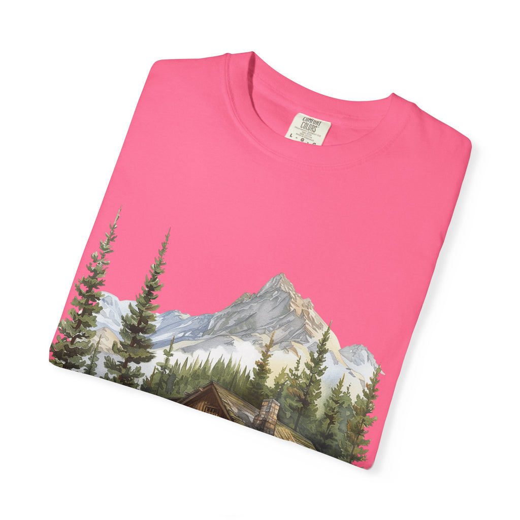 Mountain Log Cabin Illustration T-Shirt | Rustic Nature Scene