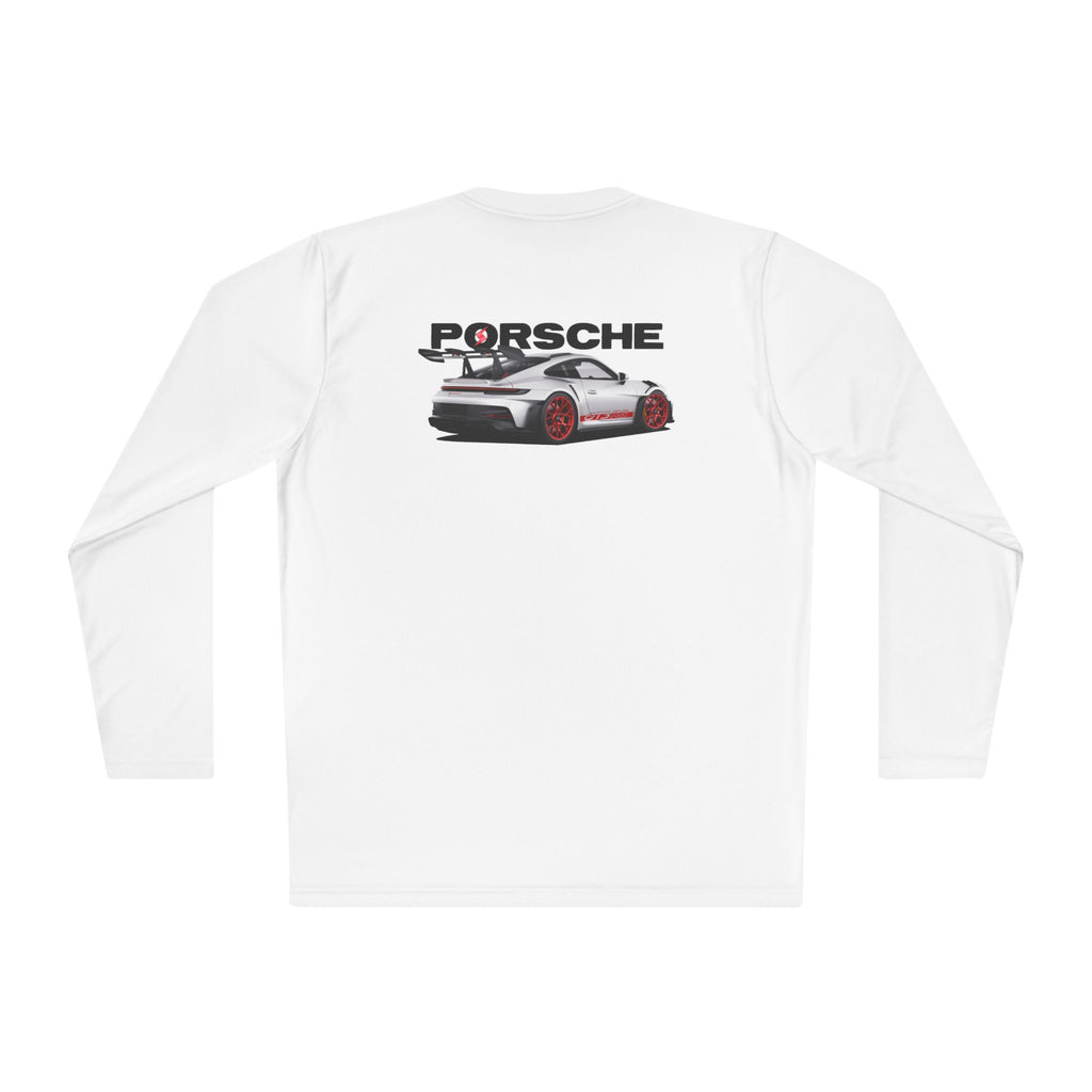 Porsche Racing Graphic Long Sleeve Tee Sports Car Crest and Rear View Print