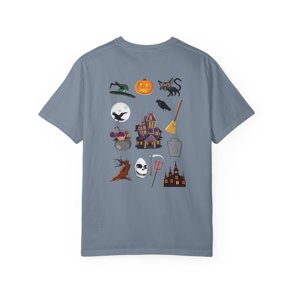 Halloween Icons T-Shirt — "Happy Halloween" Graphic Tee with Spooky Back Illustrations