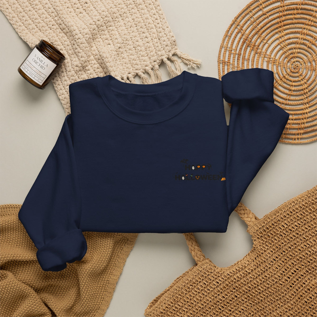 Halloween Candy Crewneck Sweatshirt — 'Happy Halloween' Jack-o'-Lantern & Candy Design