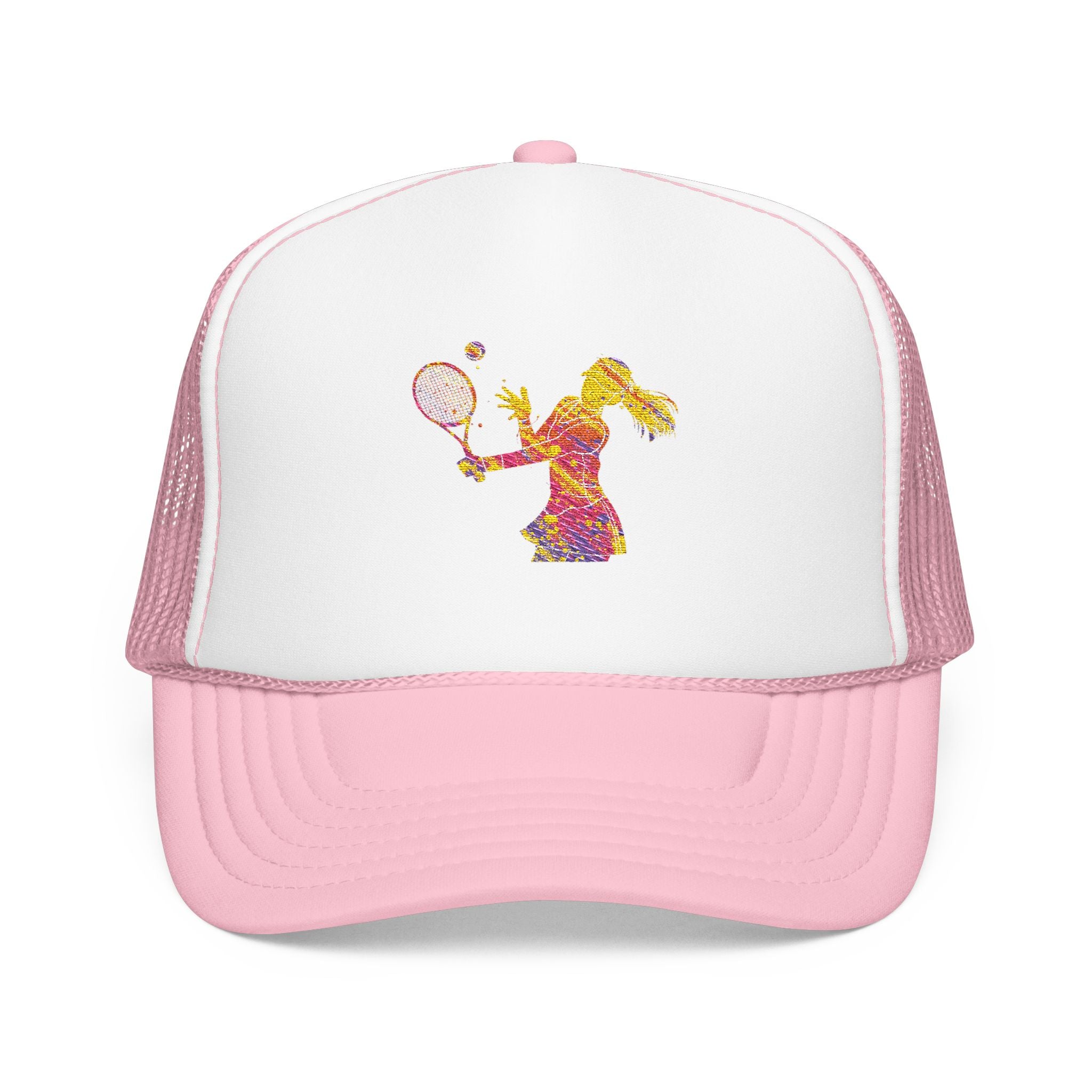 Embroidered Colorful Tennis Player Foam Trucker Hat Sporty Retro Mesh Cap