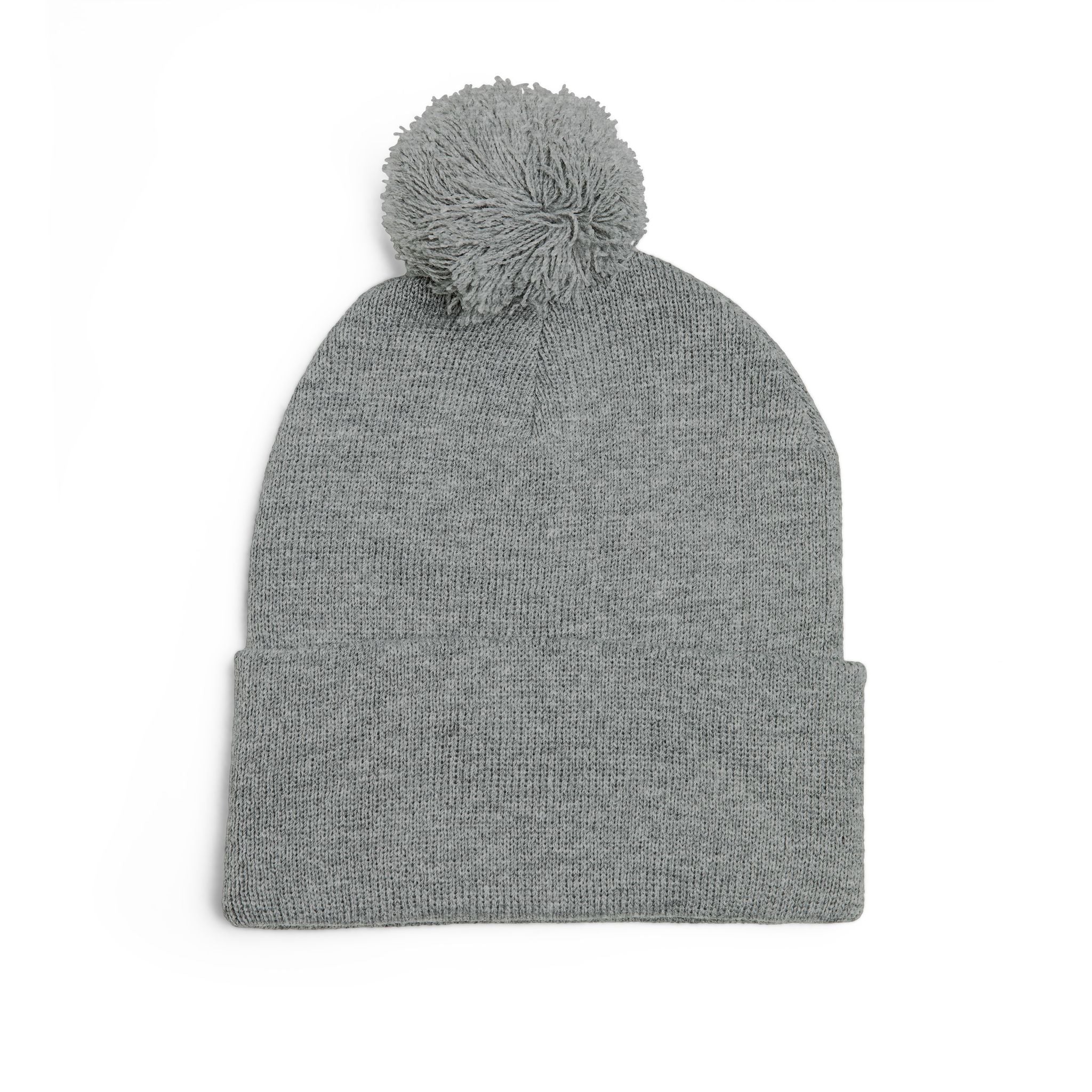 Embroidered Pom-Pom Knit Beanie — Grey Winter Hat with Pink NY Logo