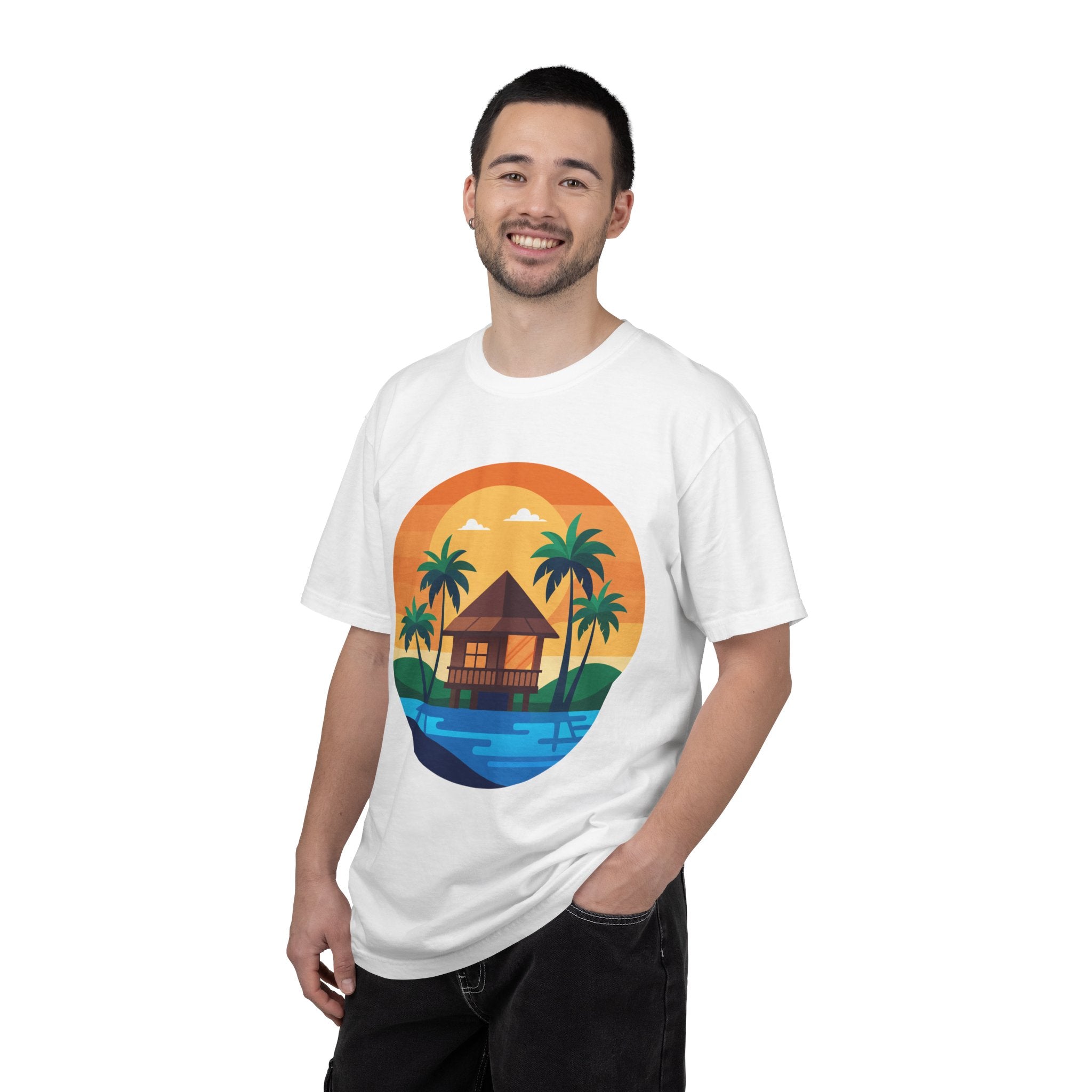 Tropical Beach Hut T-shirt | Sunset Palm Island Circle Design