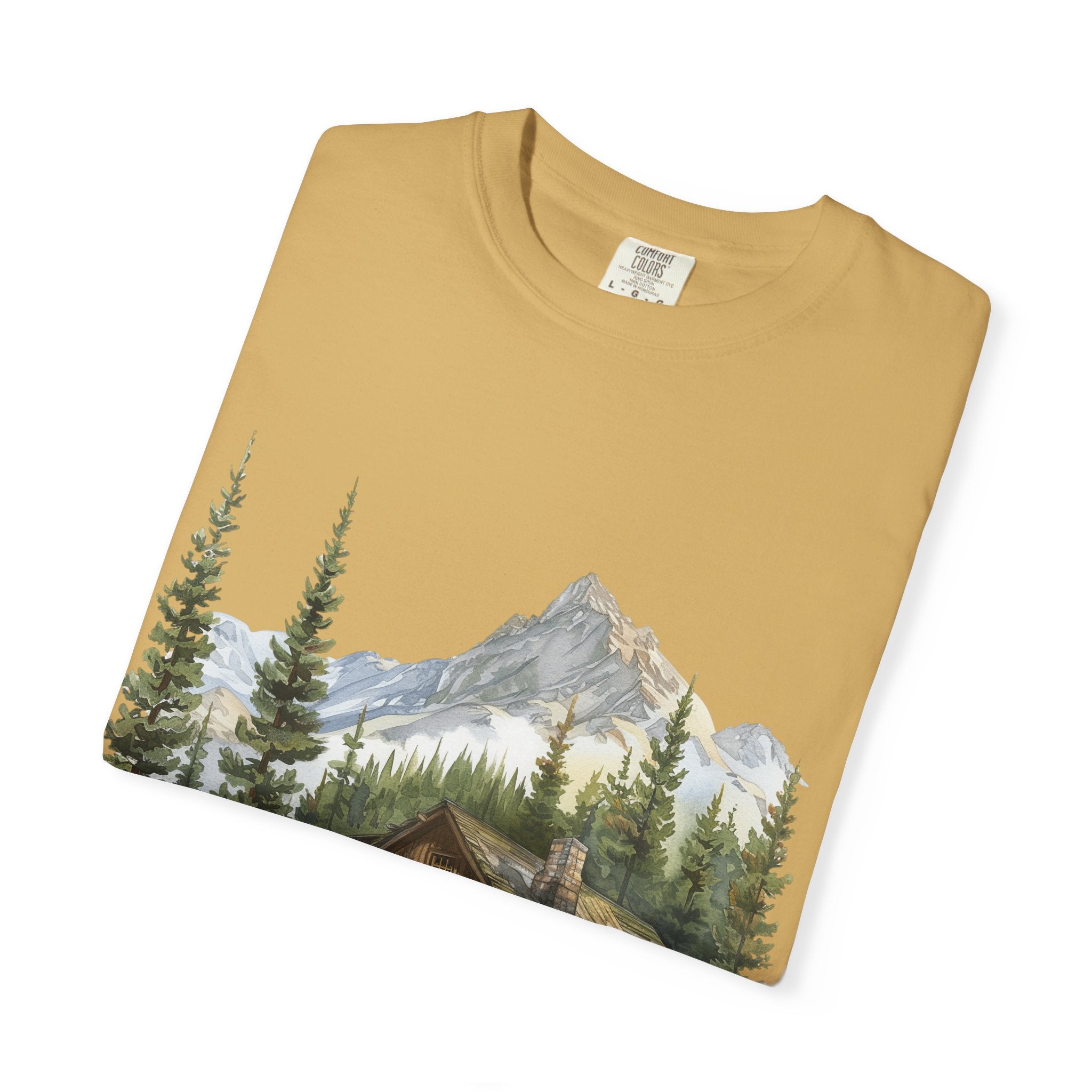 Mountain Log Cabin Illustration T-Shirt | Rustic Nature Scene