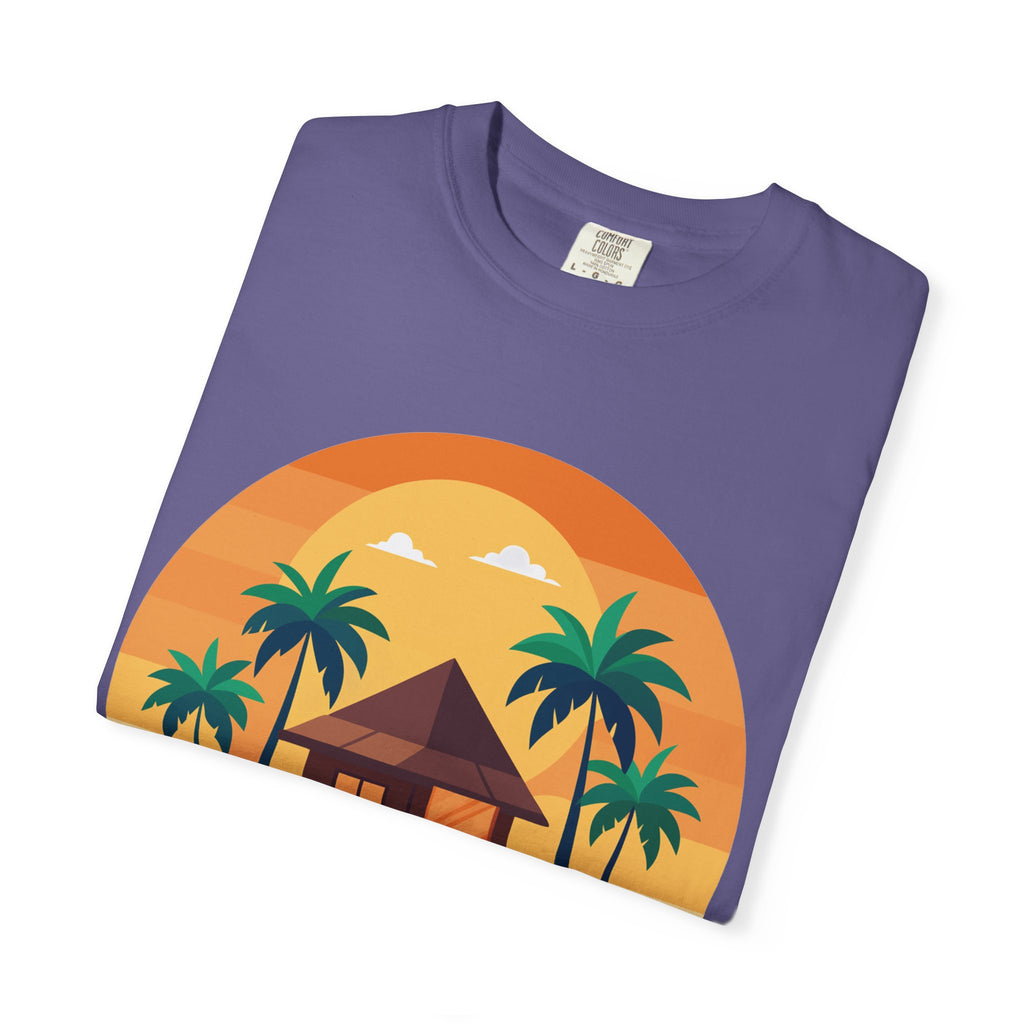 Tropical Beach Hut T-shirt | Sunset Palm Island Circle Design