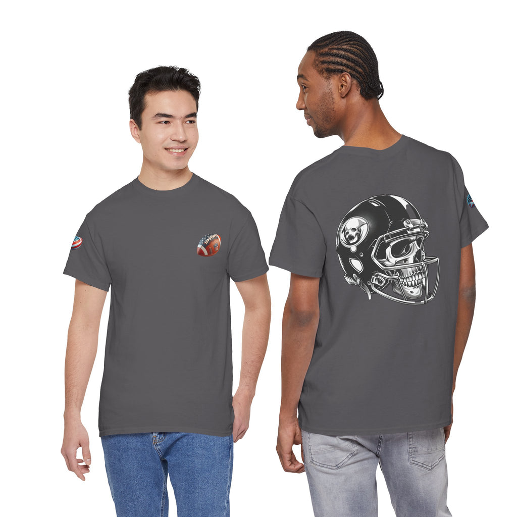 Skull Helmet Football Tee — Grunge Athletic Graphic T‑Shirt