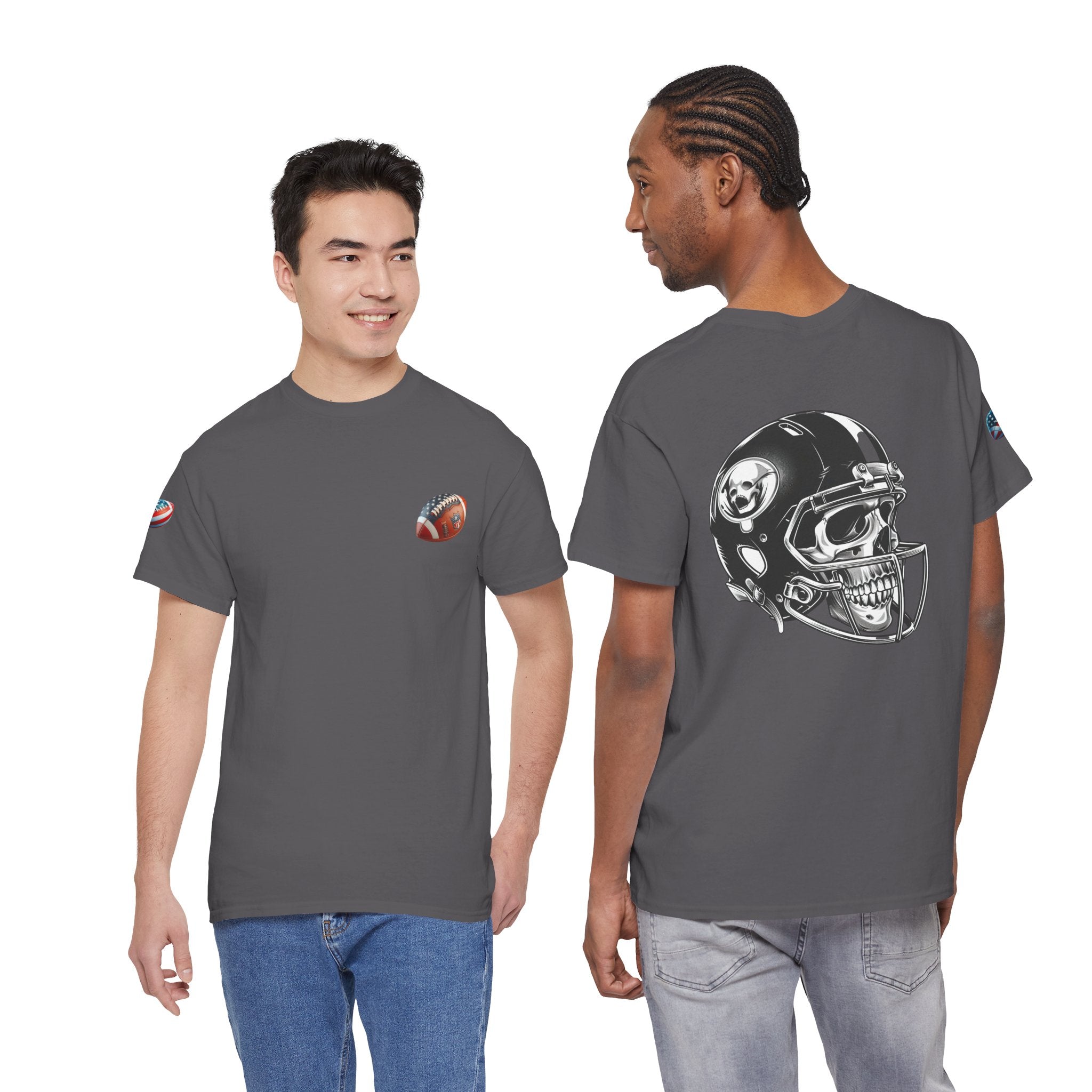 Skull Helmet Football Tee — Grunge Athletic Graphic T‑Shirt