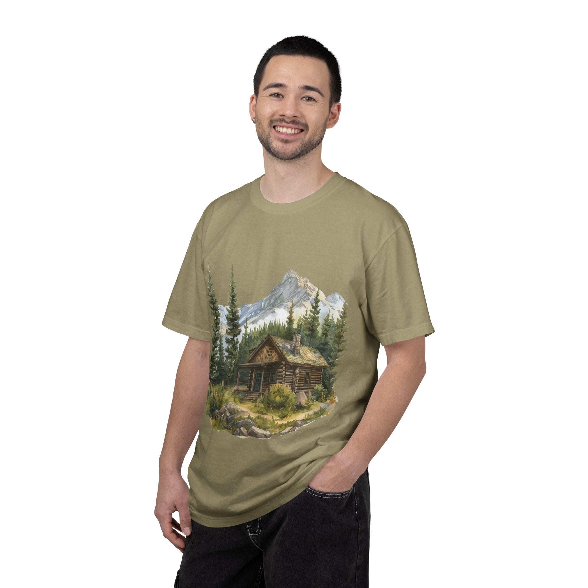 Mountain Log Cabin Illustration T-Shirt | Rustic Nature Scene