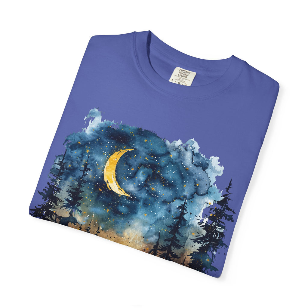 Moonlit Campsite T-shirt | Forest Night Sky, Crescent Moon