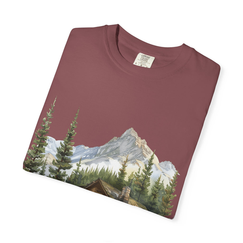 Mountain Log Cabin Illustration T-Shirt | Rustic Nature Scene