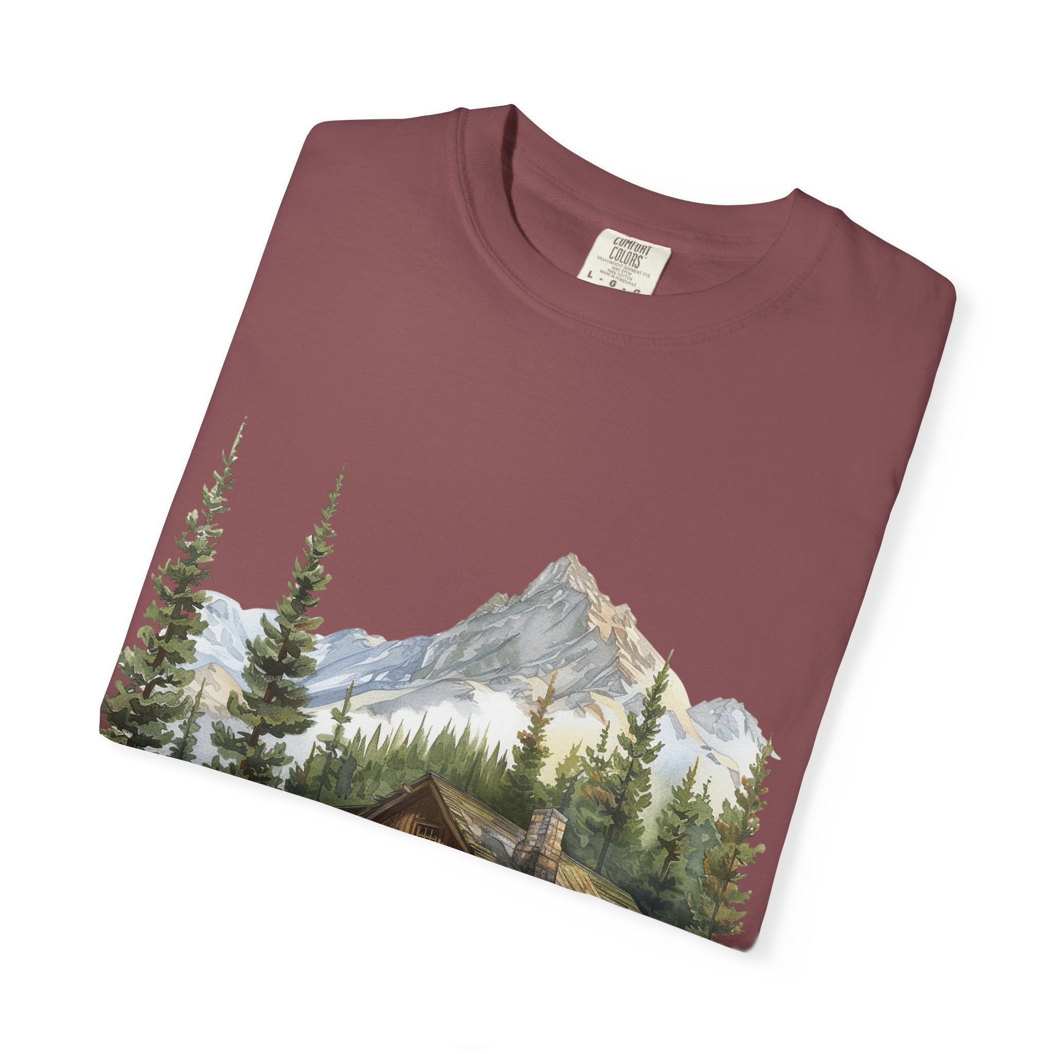Mountain Log Cabin Illustration T-Shirt | Rustic Nature Scene