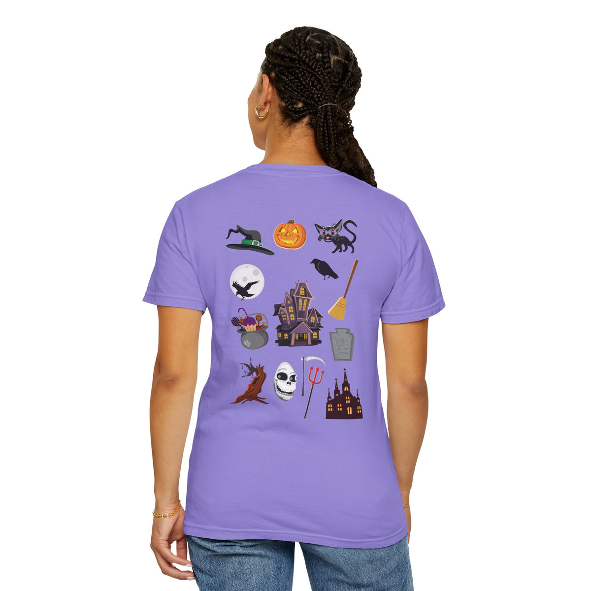 Halloween Icons T-Shirt — "Happy Halloween" Graphic Tee with Spooky Back Illustrations