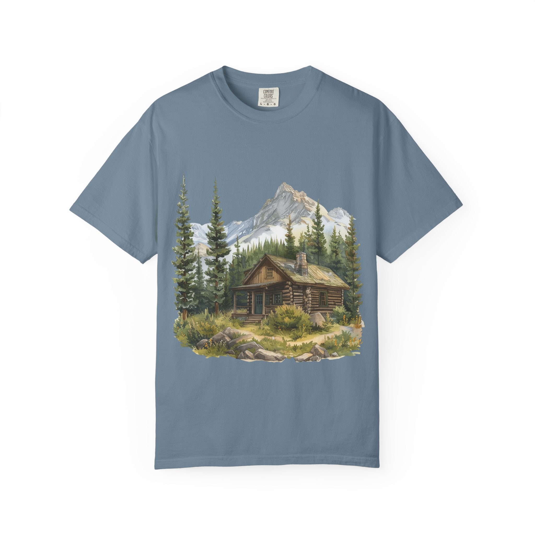 Mountain Log Cabin Illustration T-Shirt | Rustic Nature Scene