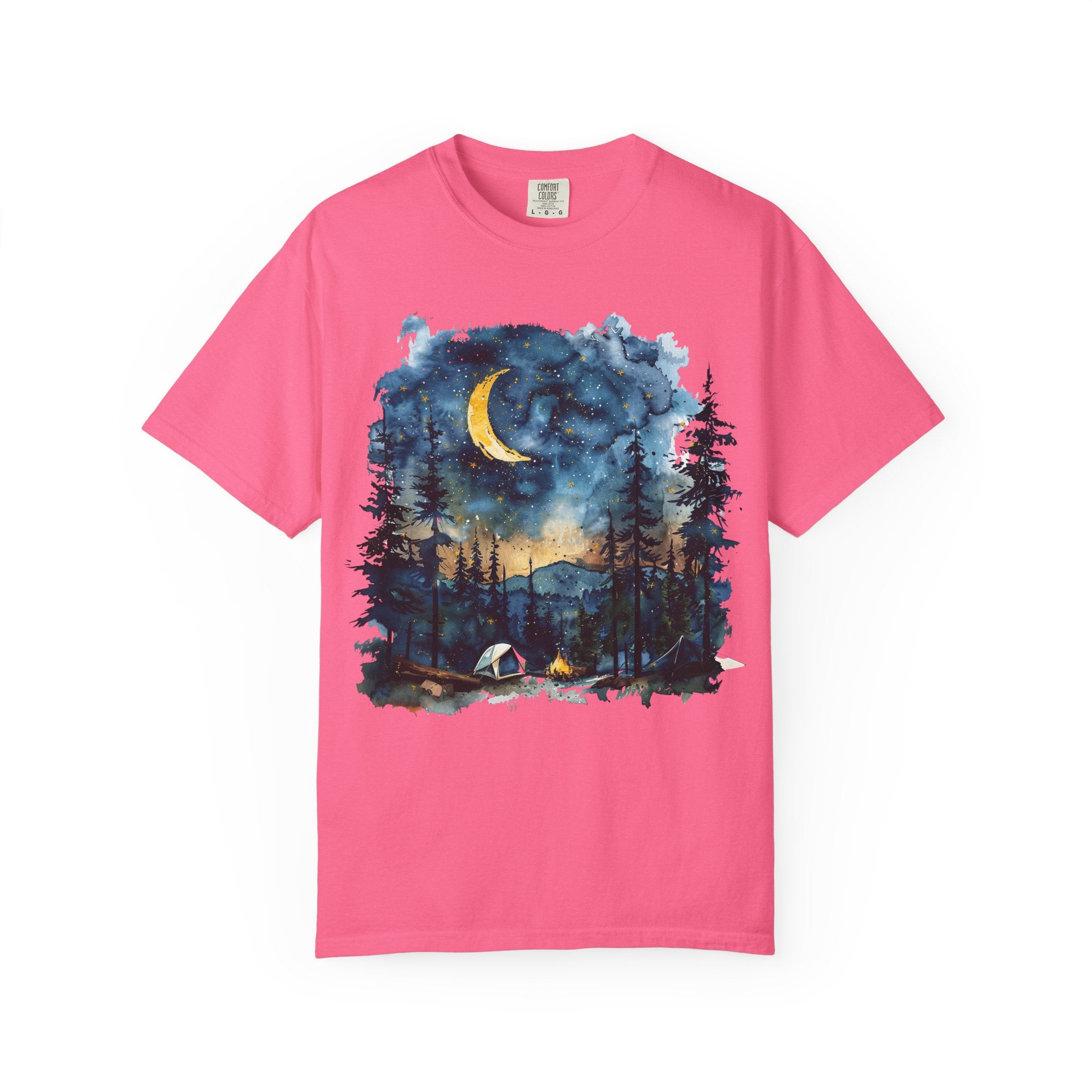 Moonlit Campsite T-shirt | Forest Night Sky, Crescent Moon