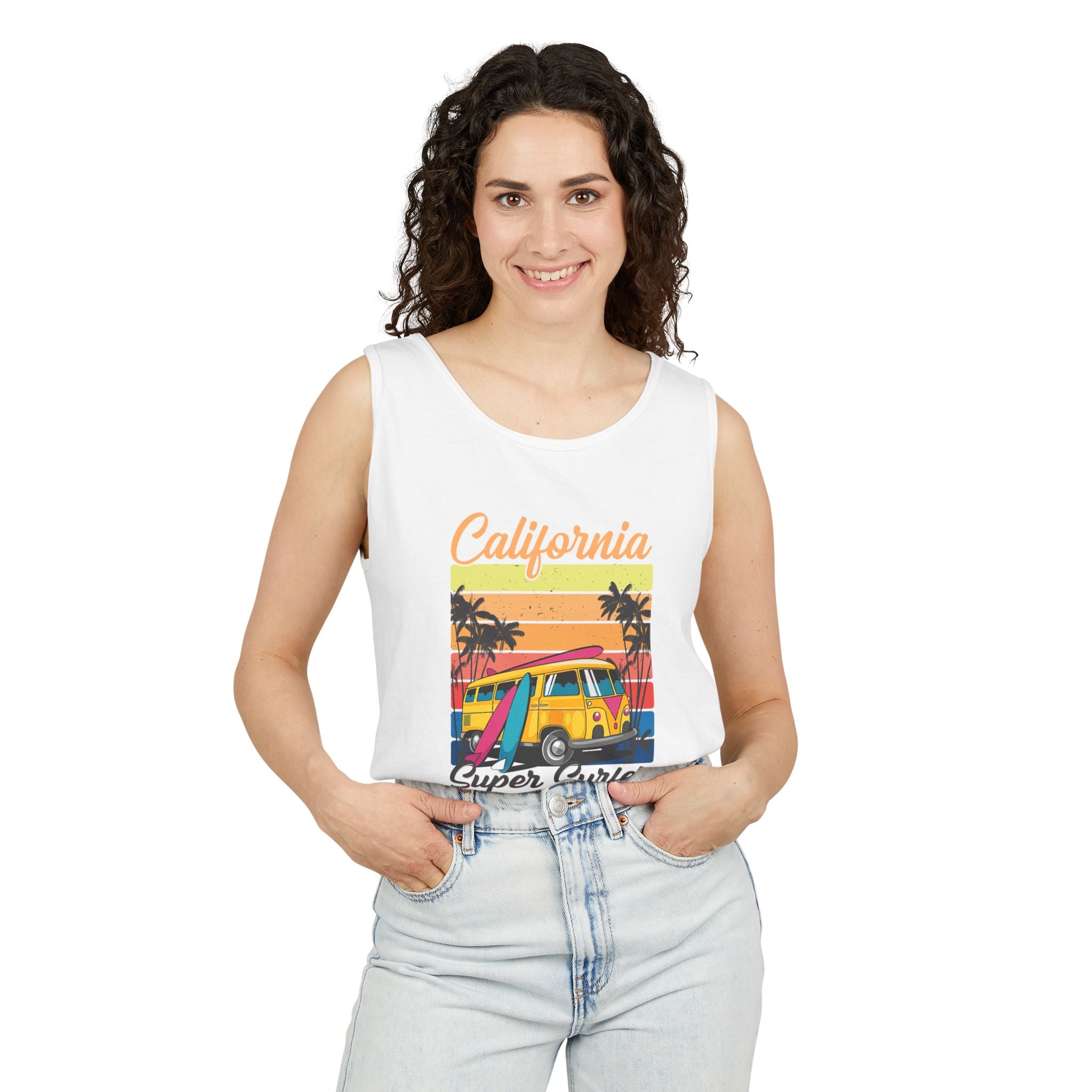 California Super Surfer Tank Top  Vintage Surf Van & Board Beach Graphic