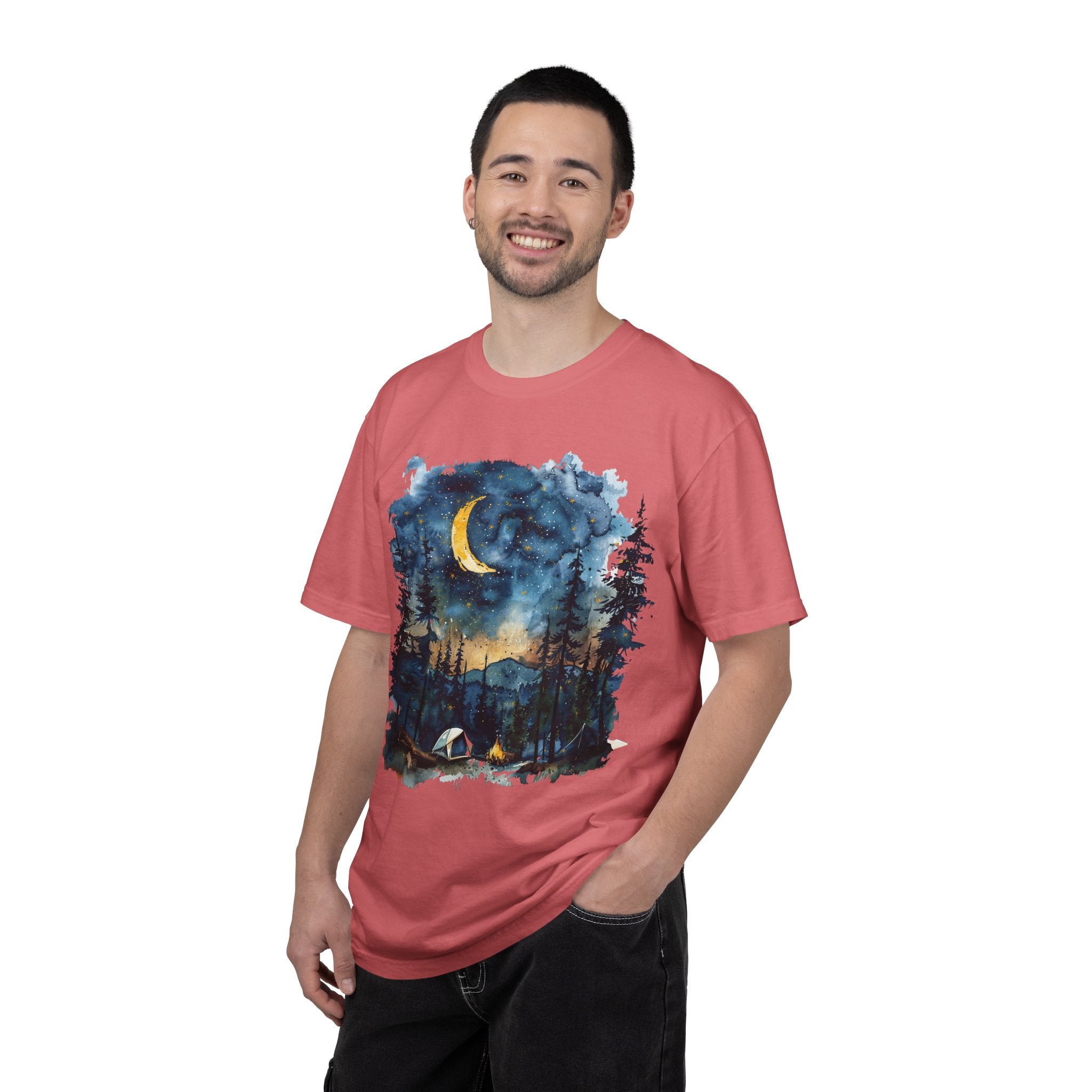 Moonlit Campsite T-shirt | Forest Night Sky, Crescent Moon