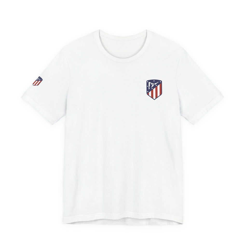 Atletico Madrid Shield T-Shirt Front Chest & Sleeve Logo Soccer Tee