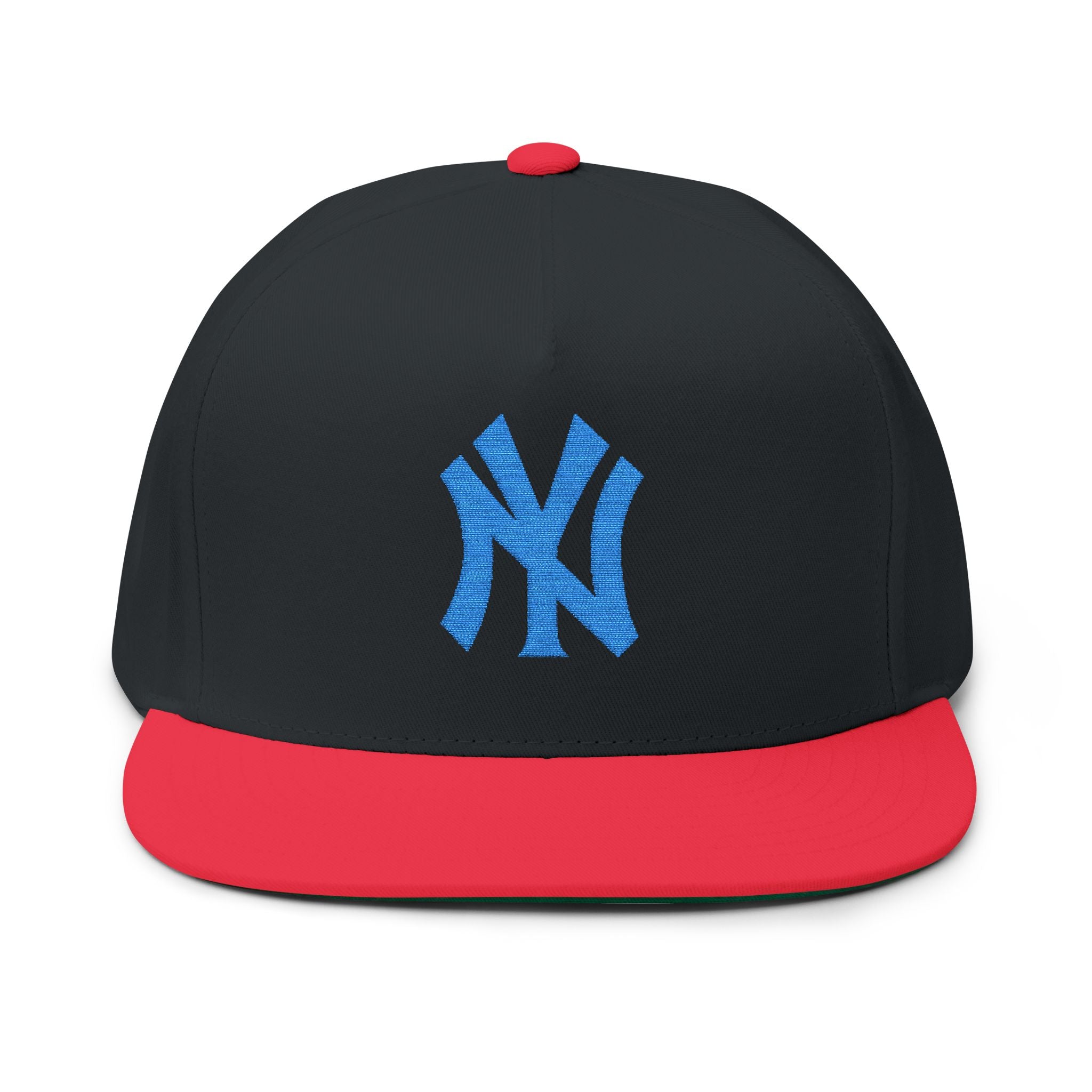Embroidered Flat Bill Cap — Blue NY Logo Snapback Hat