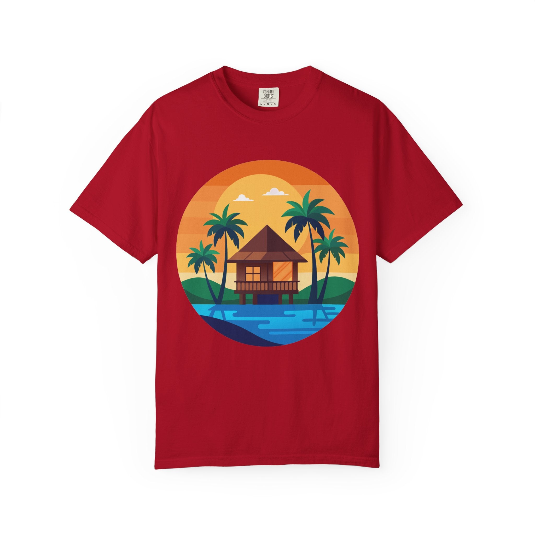 Tropical Beach Hut T-shirt | Sunset Palm Island Circle Design