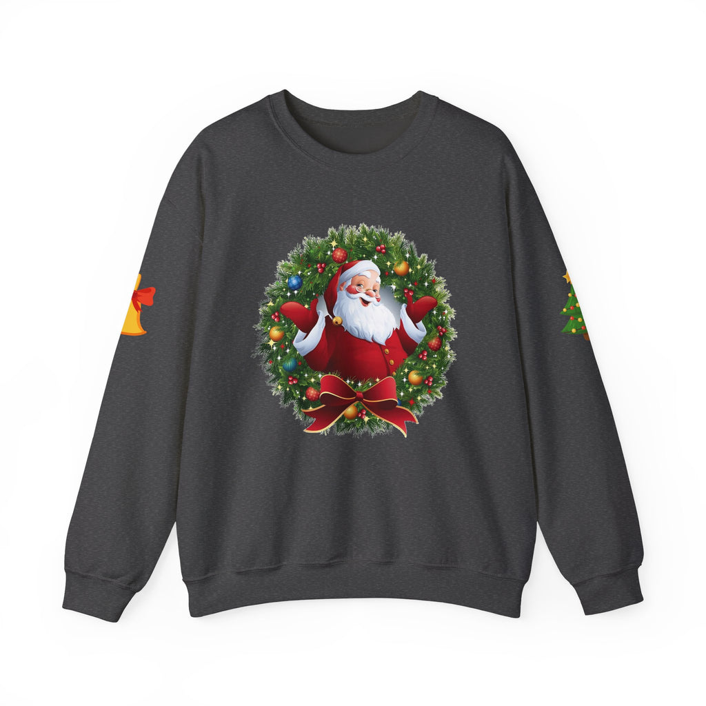 Santa in Wreath Crewneck Sweatshirt Christmas Tree Sleeve Accents