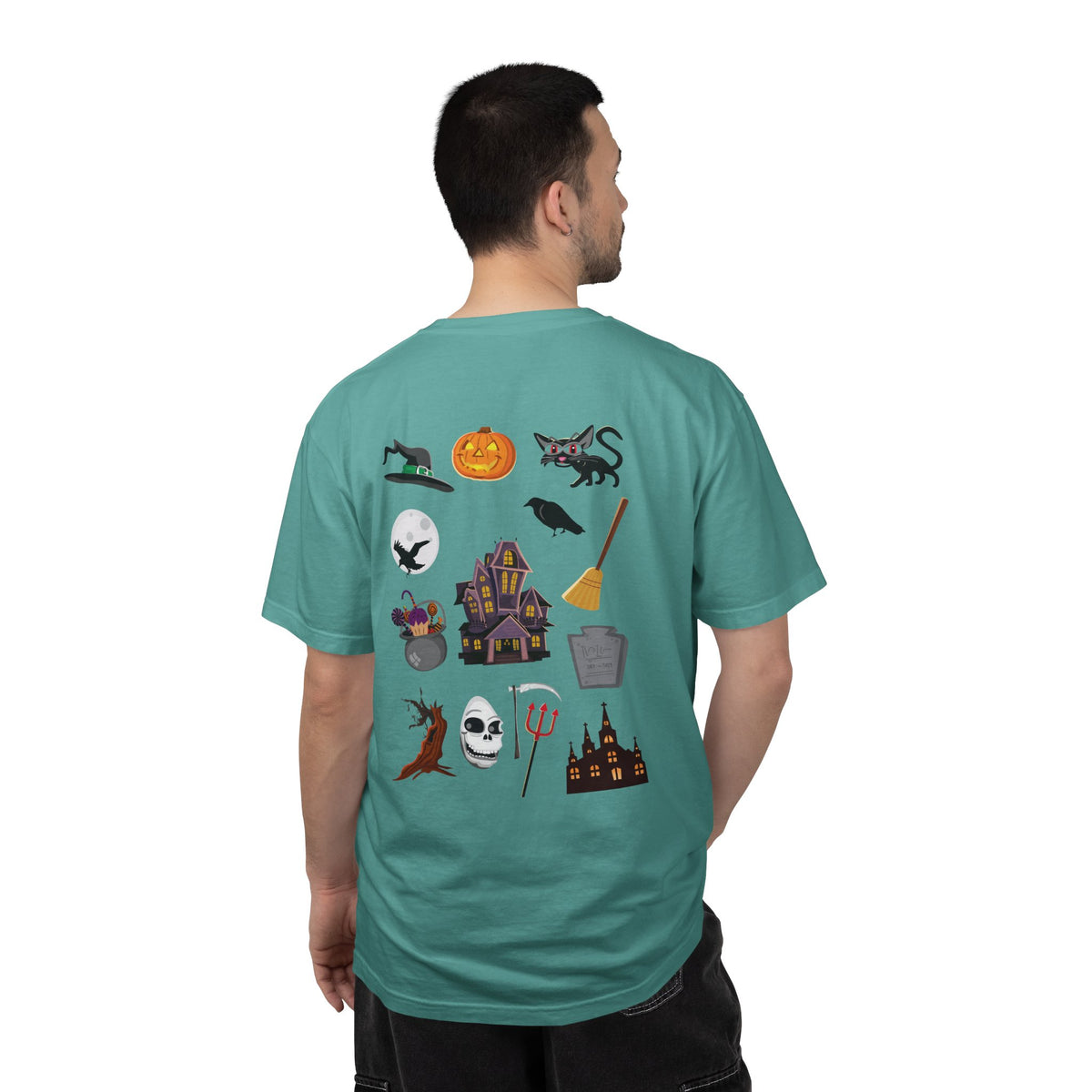 Halloween Icons T-Shirt — "Happy Halloween" Graphic Tee with Spooky Back Illustrations