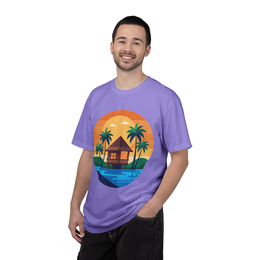 Tropical Beach Hut T-shirt | Sunset Palm Island Circle Design