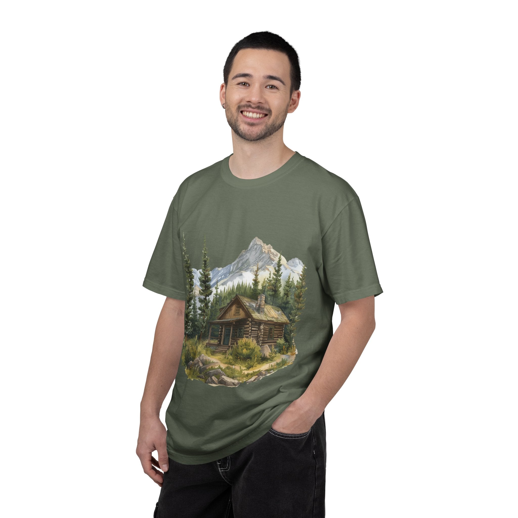 Mountain Log Cabin Illustration T-Shirt | Rustic Nature Scene