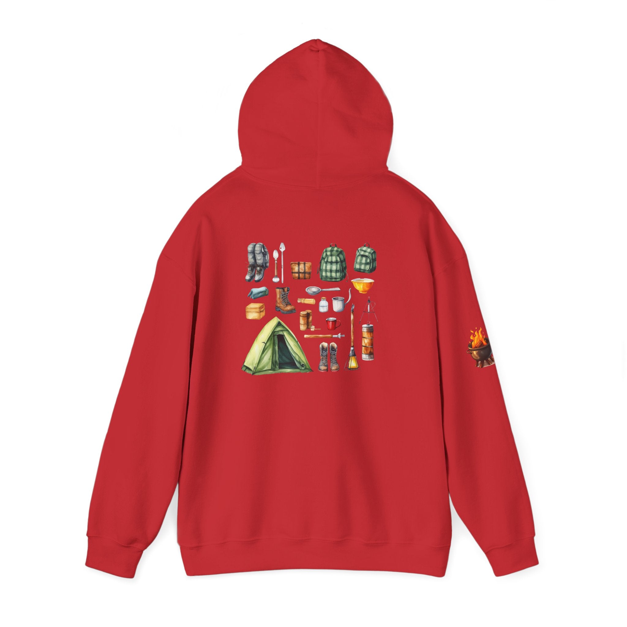Camping Gear Hoodie  Tent, Boots, Lantern, Campfire Illustration