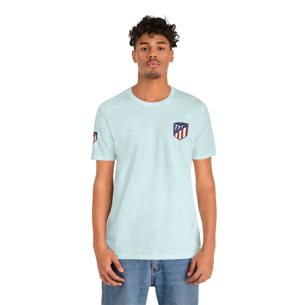 Atletico Madrid Shield T-Shirt Front Chest & Sleeve Logo Soccer Tee