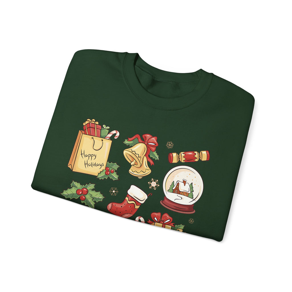 Christmas Icons collage Sweatshirt | holiday presents bell stocking snow globe