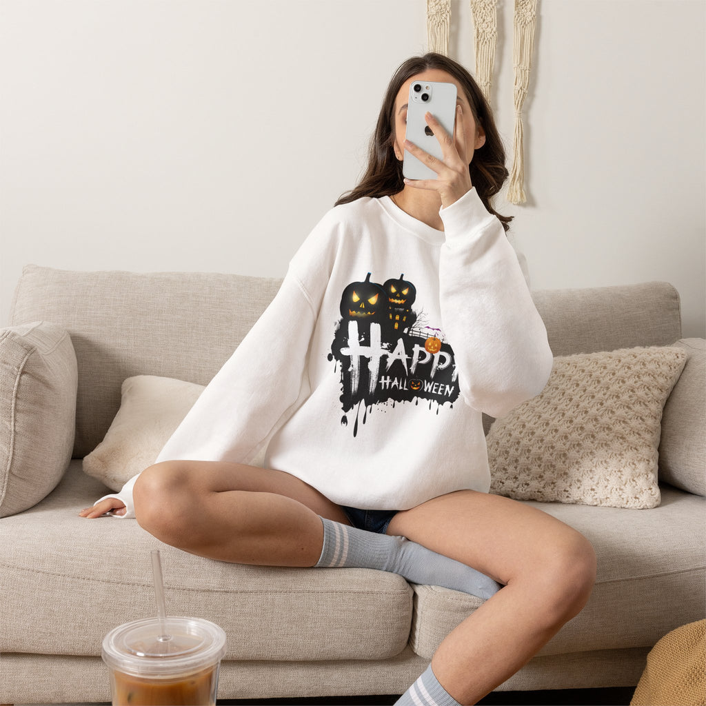 Halloween Pumpkin Crewneck Sweatshirt — "Happy Halloween" Graphic