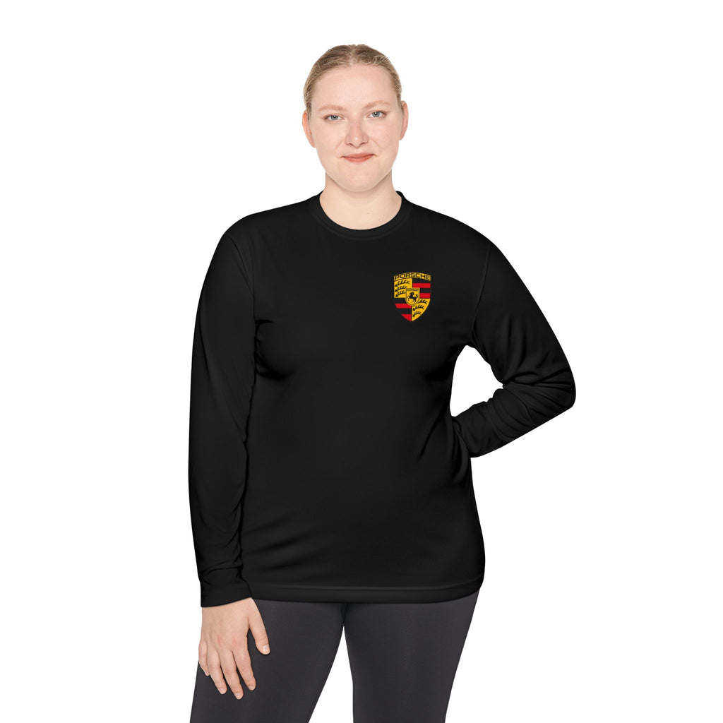 Porsche Racing Graphic Long Sleeve Tee Sports Car Crest and Rear View Print