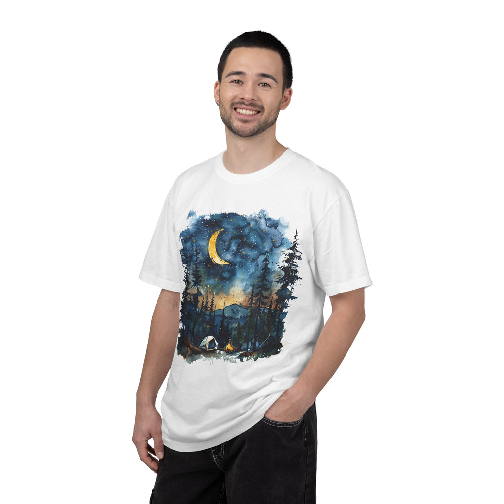 Moonlit Campsite T-shirt | Forest Night Sky, Crescent Moon
