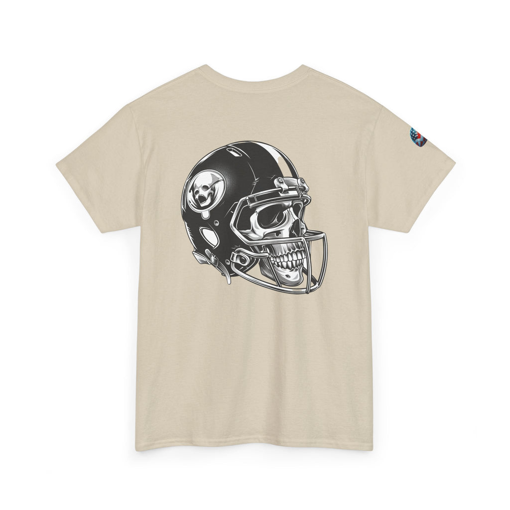 Skull Helmet Football Tee — Grunge Athletic Graphic T‑Shirt